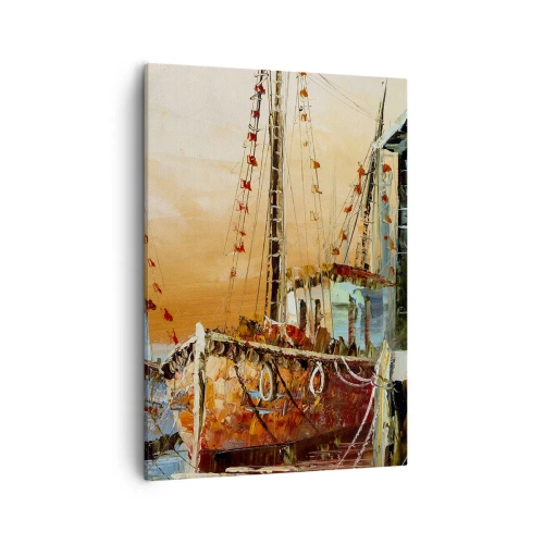 Impression sur toile - Image sur toile - Bateaux sur le rivage dans la chaude lumière du coucher de soleil - 50x70cm - Retour tranquille - Décoration murale moderne pour le salon et la chambre ARTTOR