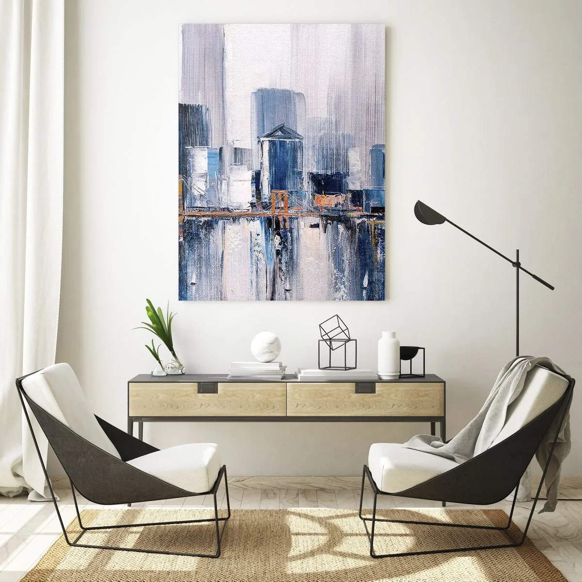 Impression sur verre - Image sur verre - Panorama urbain abstrait avec des nuances de bleu et de jaune - 80x120cm - Impression new-yorkaise - Décoration murale moderne pour le salon et la chambre ARTTOR