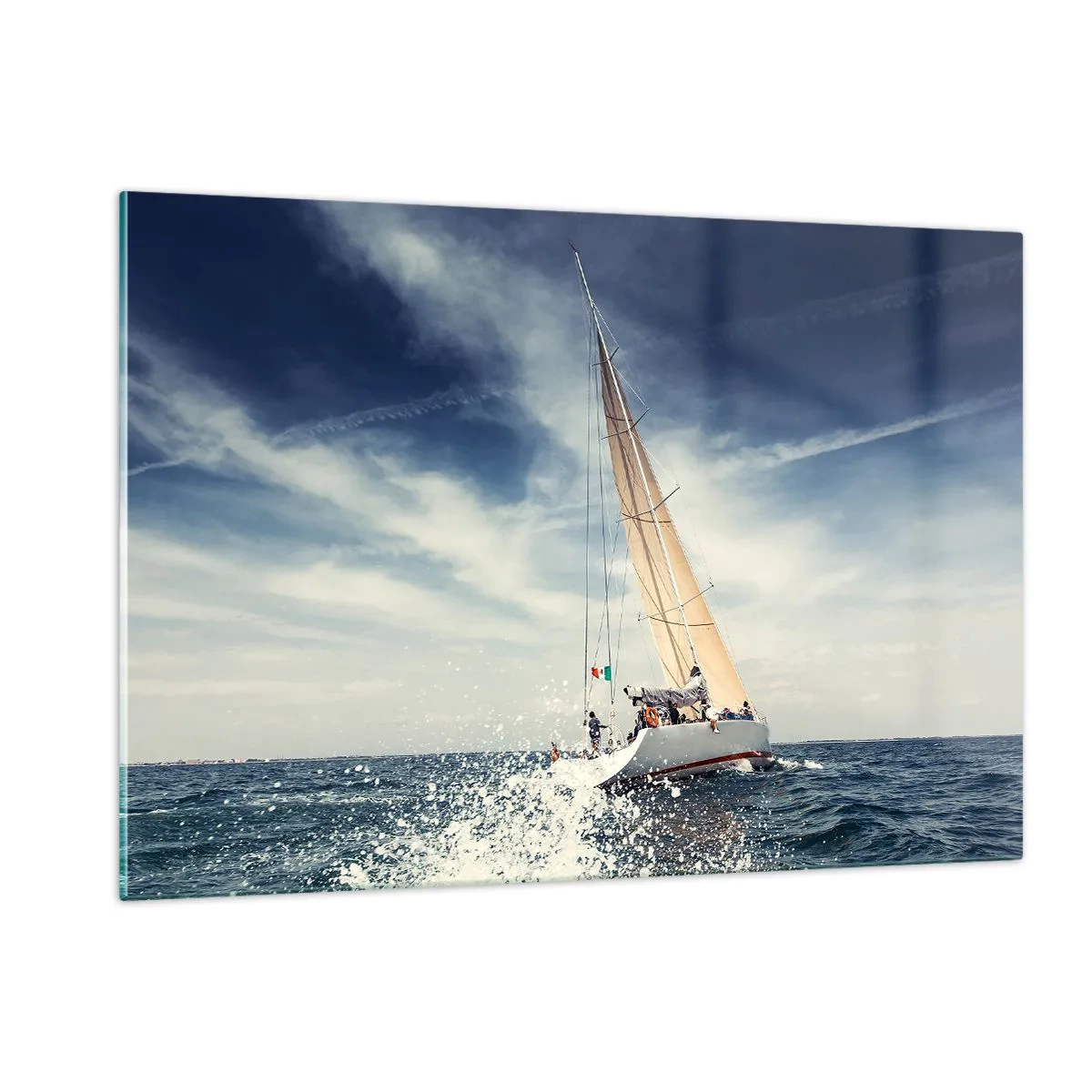 Impression sur verre - Image sur verre - Un yacht naviguant sur une mer agitée sous un ciel bleu - 120x80cm - Ils ne nous rattraperont pas ! - Décoration murale moderne pour le salon et la chambre ARTTOR