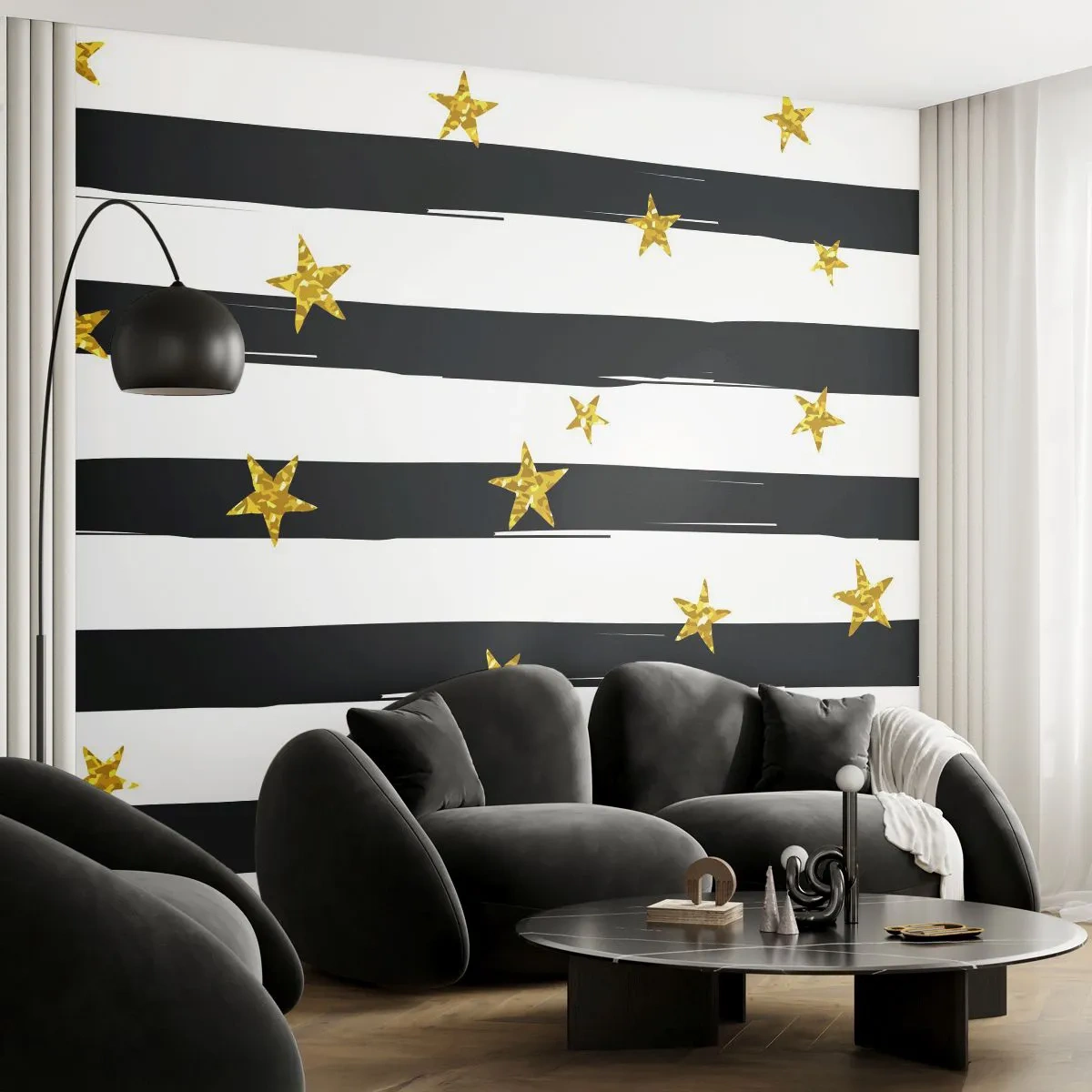 Papier Peint Photo Premium Canvas - Nous sommes tous nés sous une bonne étoile - Graphique, Étoile d'or, Rayures noires et blanches - 250x175 cm