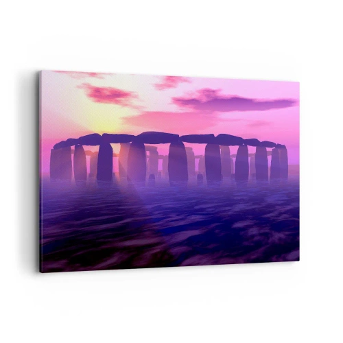 Impression sur toile - Image sur toile - Cercle de pierres au coucher du soleil avec un ciel violet - 120x80cm - Mystère à l'aube dans le brouillard - Décoration murale moderne pour le salon et la chambre ARTTOR
