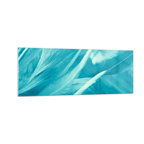 Impression sur verre - Image sur verre - Gros plan de délicates plumes turquoises - 140x50cm - Se noyer dans les plumes - Décoration murale moderne pour le salon et la chambre ARTTOR