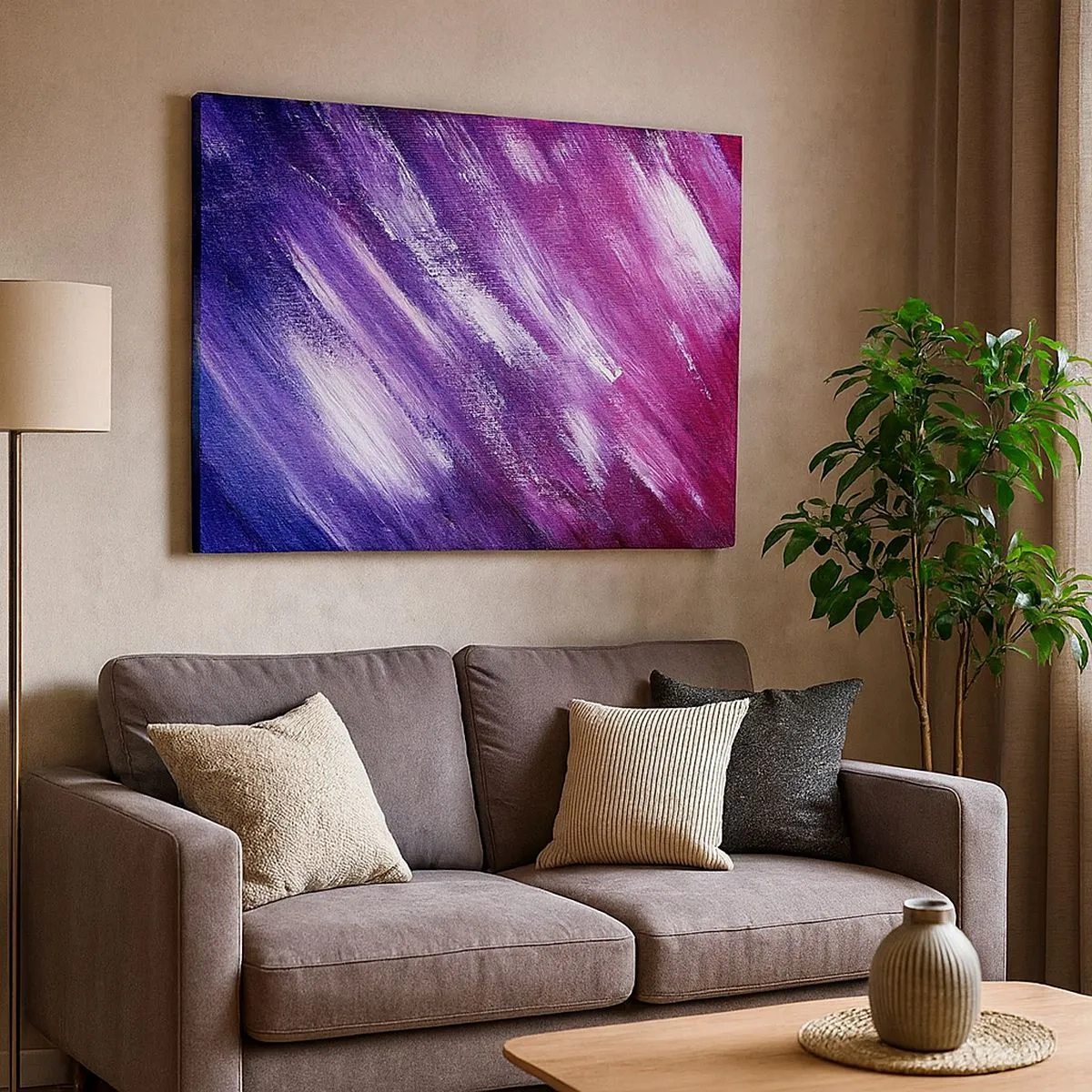Impression sur toile - Image sur toile - Coups de pinceau abstraits dans des tons de violet et de rose - 70x50cm - Quand le vent ensoleillé souffle - Décoration murale moderne pour le salon et la chambre ARTTOR
