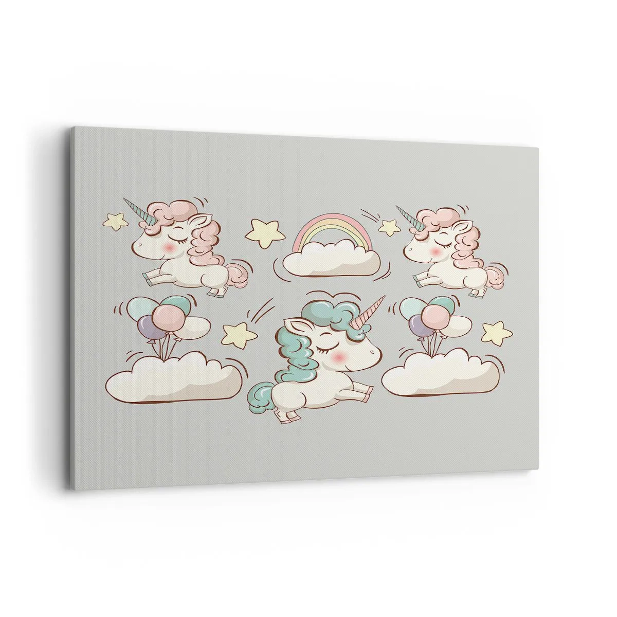 Impression sur toile - Image sur toile - Licornes mignonnes sur fond pastel - 120x80cm - Ils existe, c'est sûr… - Décoration murale moderne pour le salon et la chambre ARTTOR
