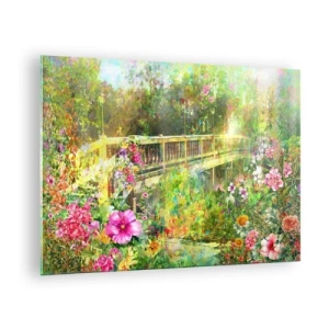 Impression sur verre - Image sur verre - Un pont entouré d'une végétation luxuriante et de fleurs colorées - 70x50cm - Le soupire d'un pont de printemps - Décoration murale moderne pour le salon et la chambre ARTTOR