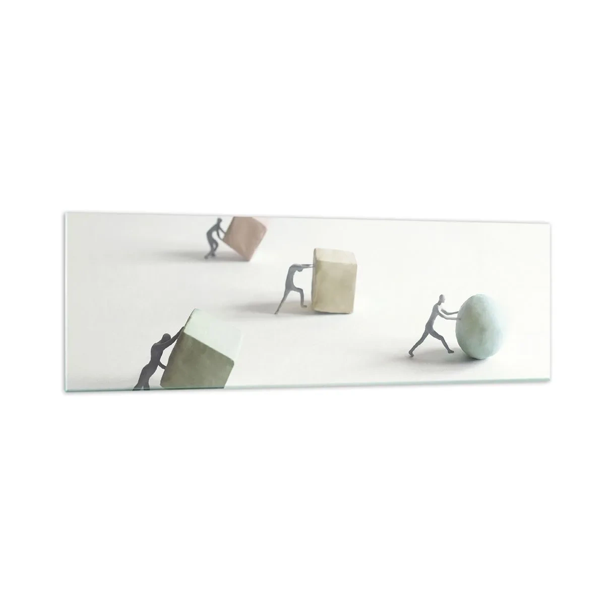 Impression sur verre - Image sur verre - Figurines miniatures poussant des formes sur un fond clair - 160x50cm - Rien que la vie - Décoration murale moderne pour le salon et la chambre ARTTOR