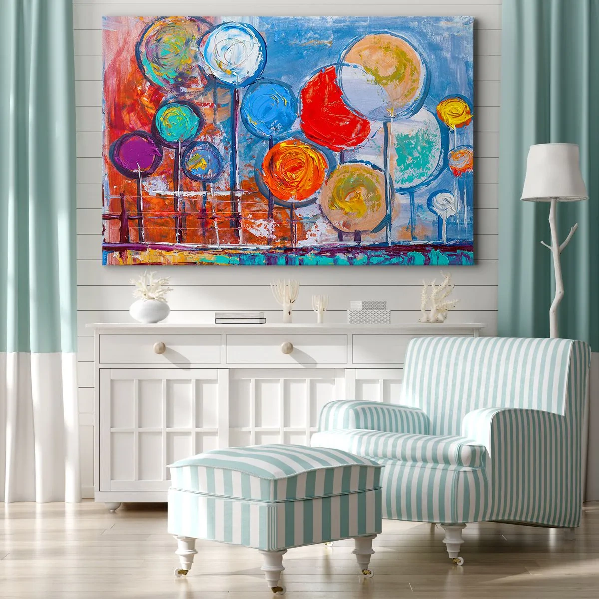 Impression sur toile - Image sur toile - Arbres abstraits colorés sur fond bleu - 100x70cm - Miracles sur le bâton - Décoration murale moderne pour le salon et la chambre ARTTOR