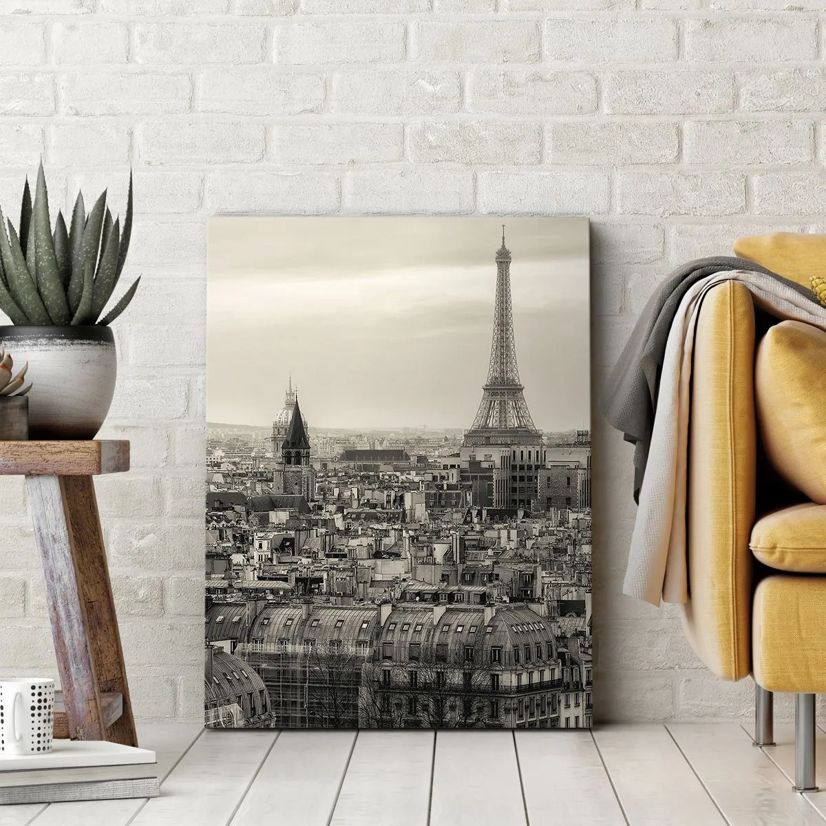 Impression sur toile - Image sur toile - Panorama de Paris avec la Tour Eiffel en tons sépia - 50x70cm - Sur les toits de Paris - Décoration murale moderne pour le salon et la chambre ARTTOR