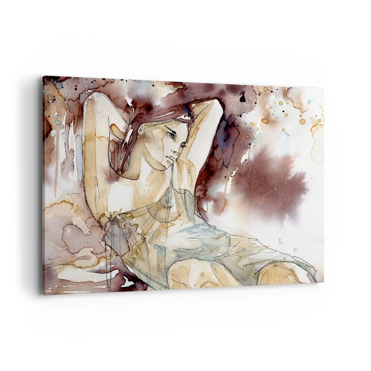 Impression sur toile - Image sur toile - Femme dans un style aquarelle artistique sur fond marron - 100x70cm - D'humeur lilas - Décoration murale moderne pour le salon et la chambre ARTTOR