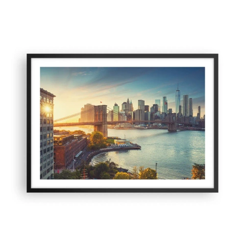 Affiche dans un cadre noir - Poster - Panorama de la ville avec le pont au coucher du soleil - 70x50cm - L'aube de la grande ville - Décoration murale moderne pour le salon et la chambre ARTTOR