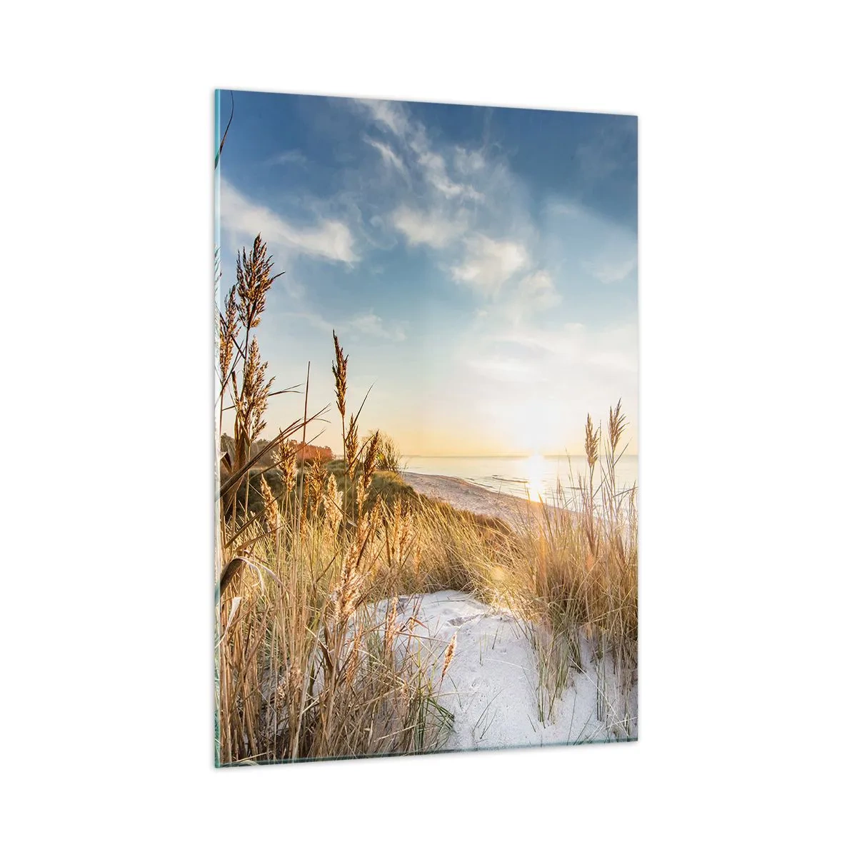 Impression sur verre - Image sur verre - Coucher de soleil sur une plage avec des dunes couvertes d'herbe - 50x70cm - Plage du nord - Décoration murale moderne pour le salon et la chambre ARTTOR