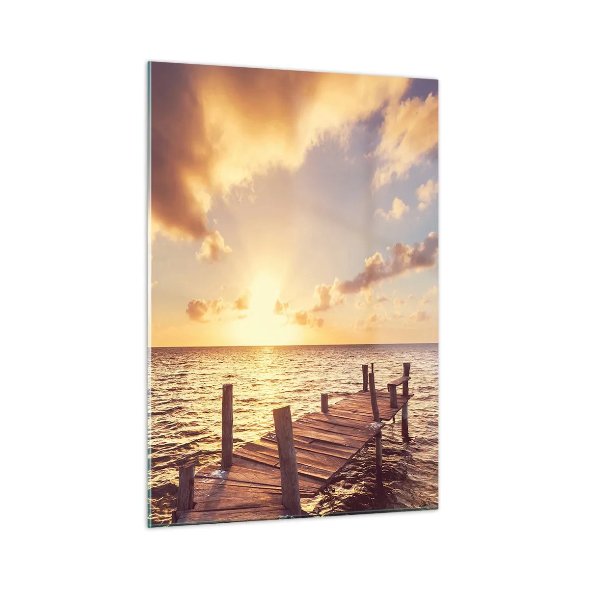 Impression sur verre - Image sur verre - Une jetée en bois sur fond de soleil couchant - 50x70cm - La terre d'or de la douceur - Décoration murale moderne pour le salon et la chambre ARTTOR