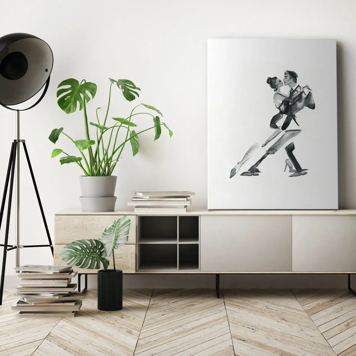 Impression sur toile - Image sur toile - Une illustration subtile d'un couple dansant dans un style monochrome. - 50x70cm - En un battement - Décoration murale moderne pour le salon et la chambre ARTTOR