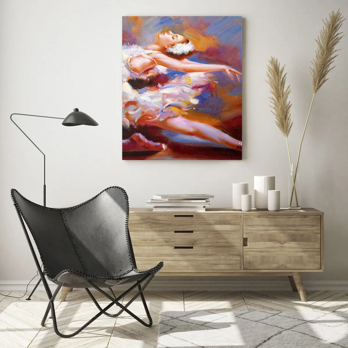 Impression sur verre - Image sur verre - Une ballerine dans une pose dynamique parmi des couleurs pastel. - 80x120cm - La grâce du cygne - Décoration murale moderne pour le salon et la chambre ARTTOR