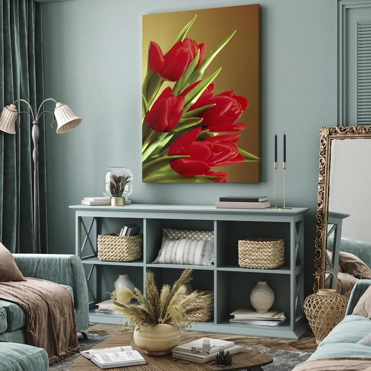 Impression sur toile - Image sur toile - Un bouquet de tulipes rouges sur fond doré avec des feuilles vertes. - 80x120cm - Amas de joie printanière - Décoration murale moderne pour le salon et la chambre ARTTOR