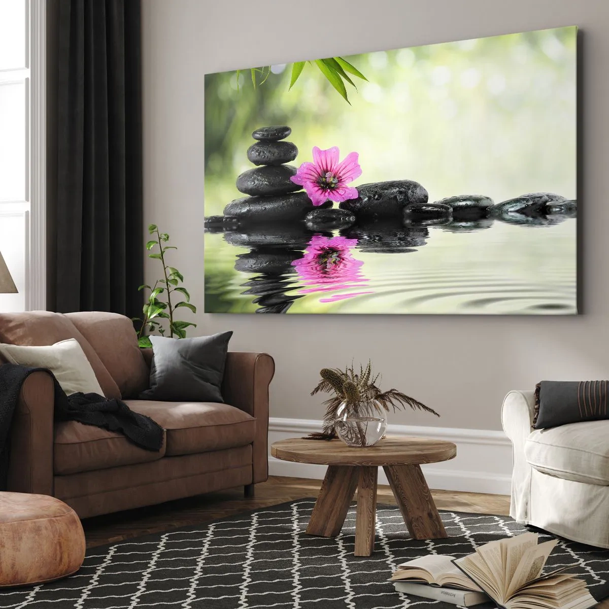 Impression sur toile - Image sur toile - Des pierres zen et une fleur rose se reflétant dans l'eau - 100x70cm - Temps pour l'âme - Décoration murale moderne pour le salon et la chambre ARTTOR