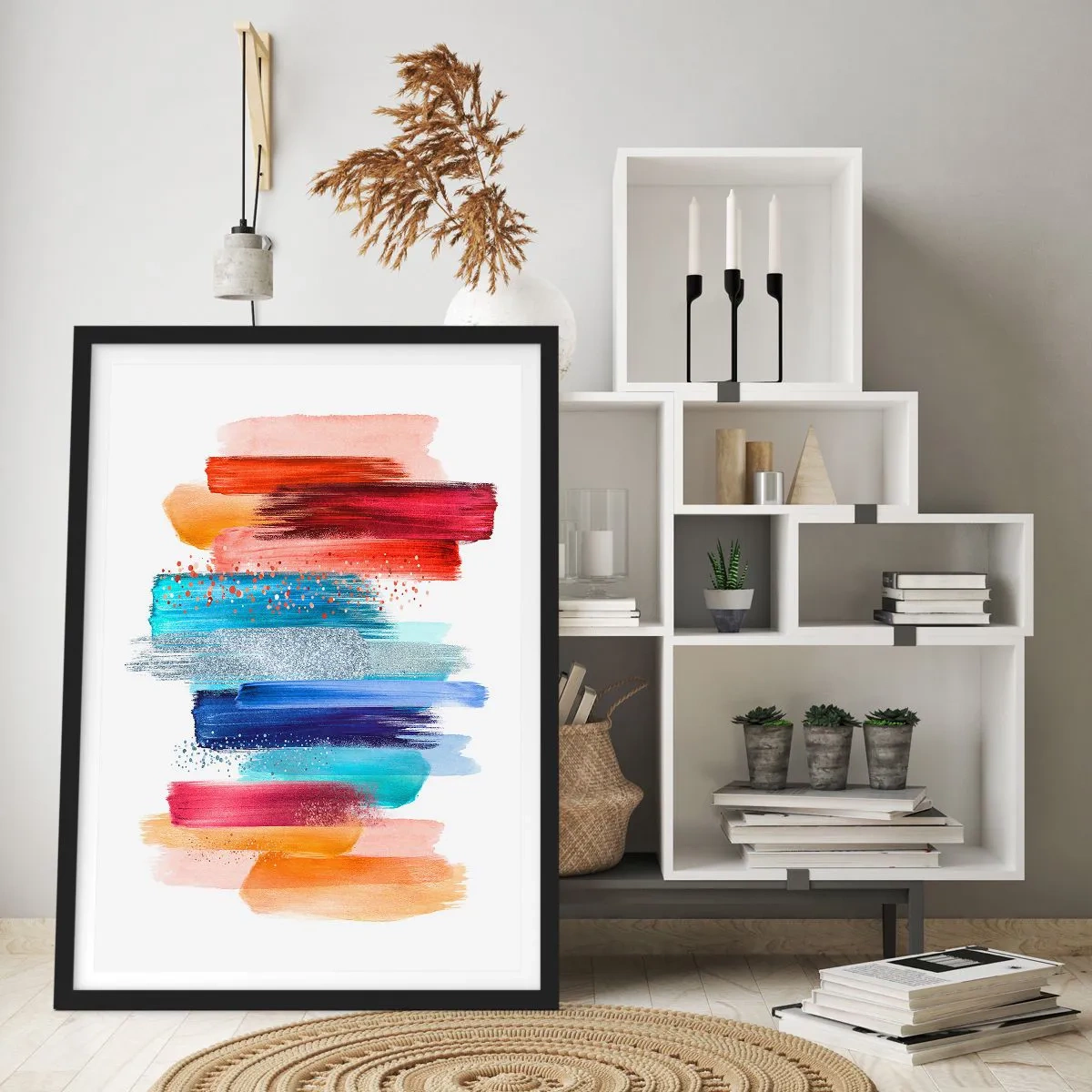 Affiche dans un cadre noir - Poster - Coups de pinceau abstraits colorés sur fond blanc - 50x70cm - En haut et en bas - Décoration murale moderne pour le salon et la chambre ARTTOR