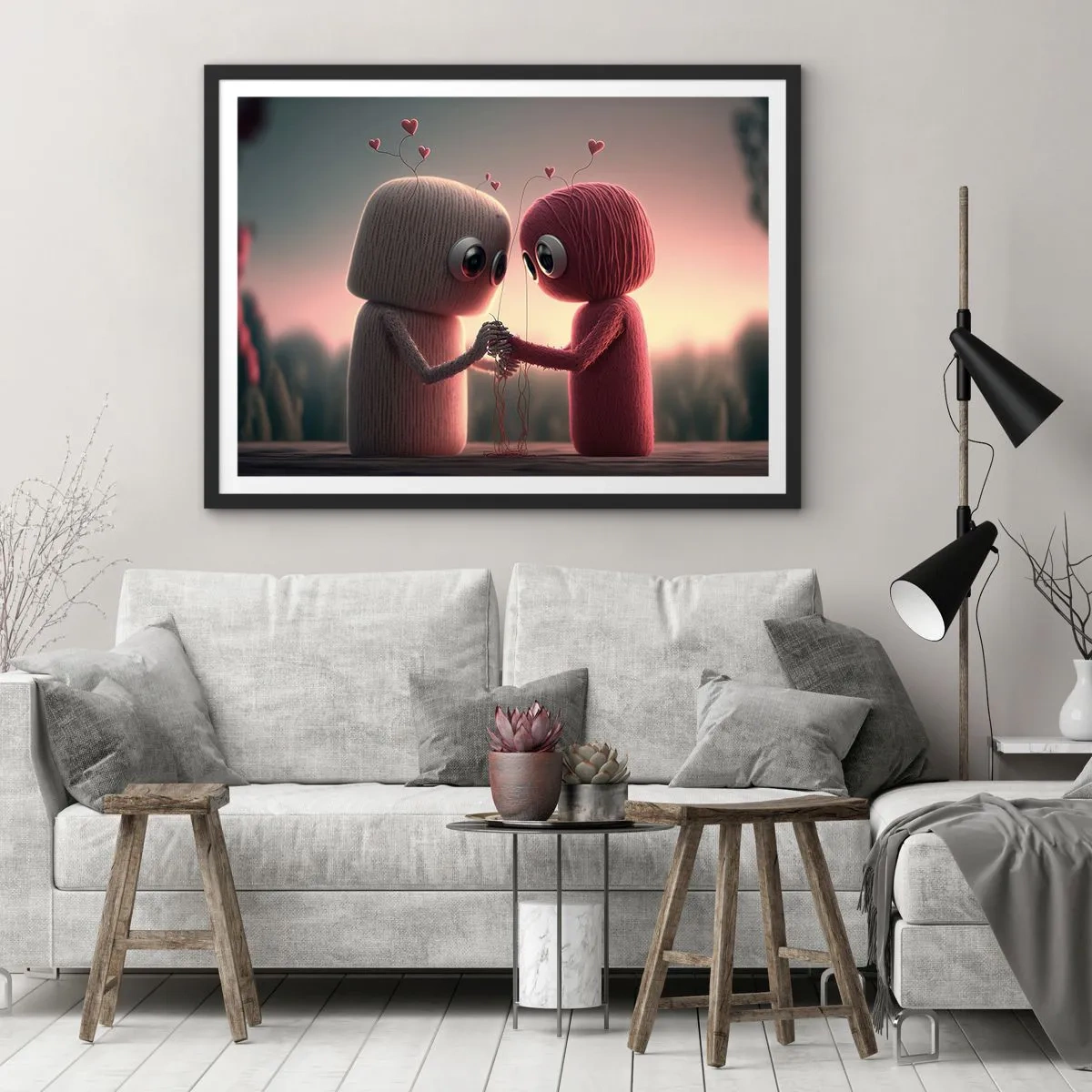 Affiche dans un cadre noir - Poster - Personnages en fil dans un décor charmant sur le thème du cœur - 70x50cm - Tout le monde a le droit d'aimer - Décoration murale moderne pour le salon et la chambre ARTTOR