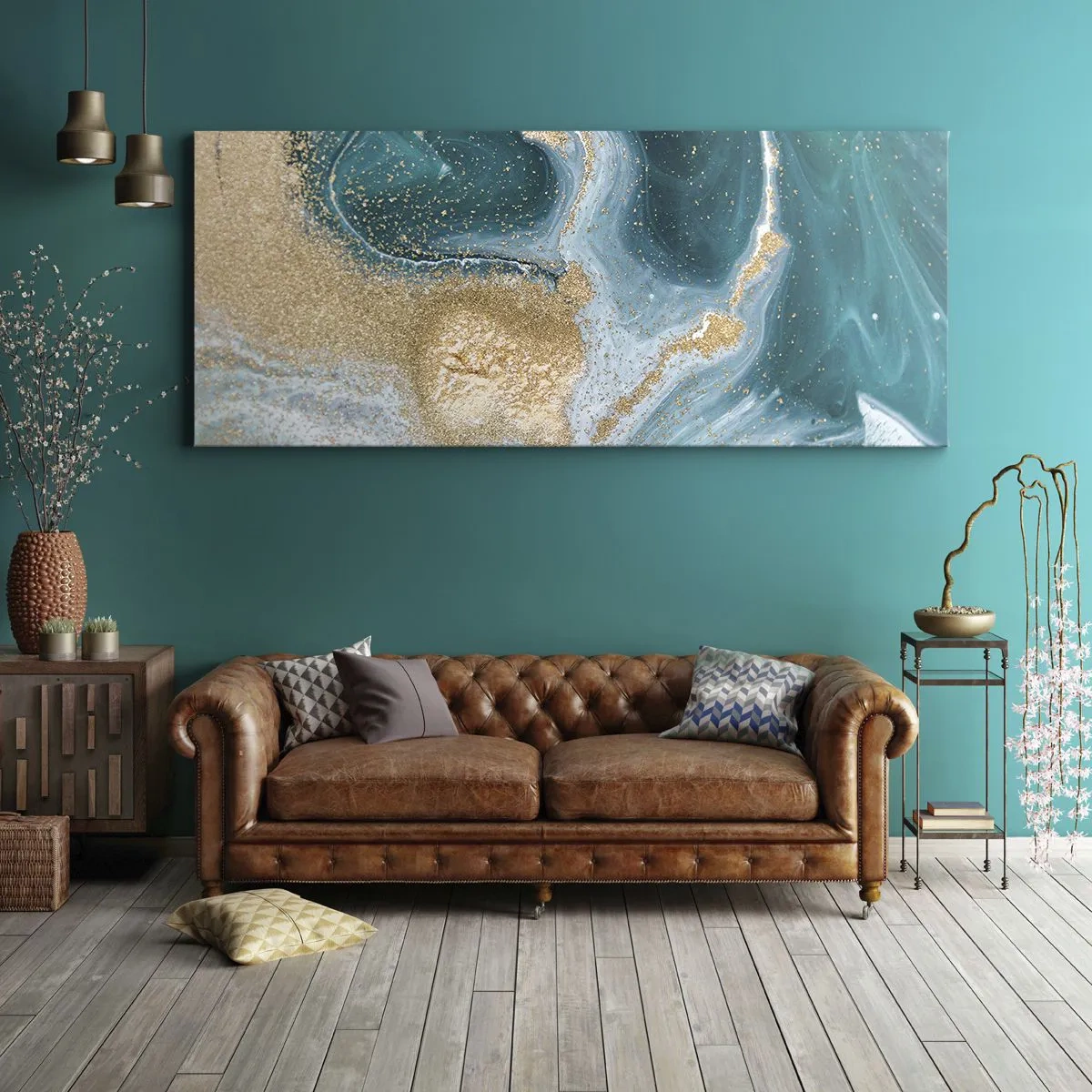 Impression sur toile - Image sur toile - Tourbillon abstrait dans les tons turquoise et or - 160x50cm - Tourbillon d'or et de turquoise - Décoration murale moderne pour le salon et la chambre ARTTOR