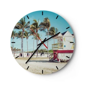 Horloge murale - Pendule murale - Miami Beach avec des palmiers et un bâtiment de sauveteurs coloré - 30x30cm - Une belle journée devant toi - Décoration murale moderne pour le salon, la cuisine et la chambre ARTTOR