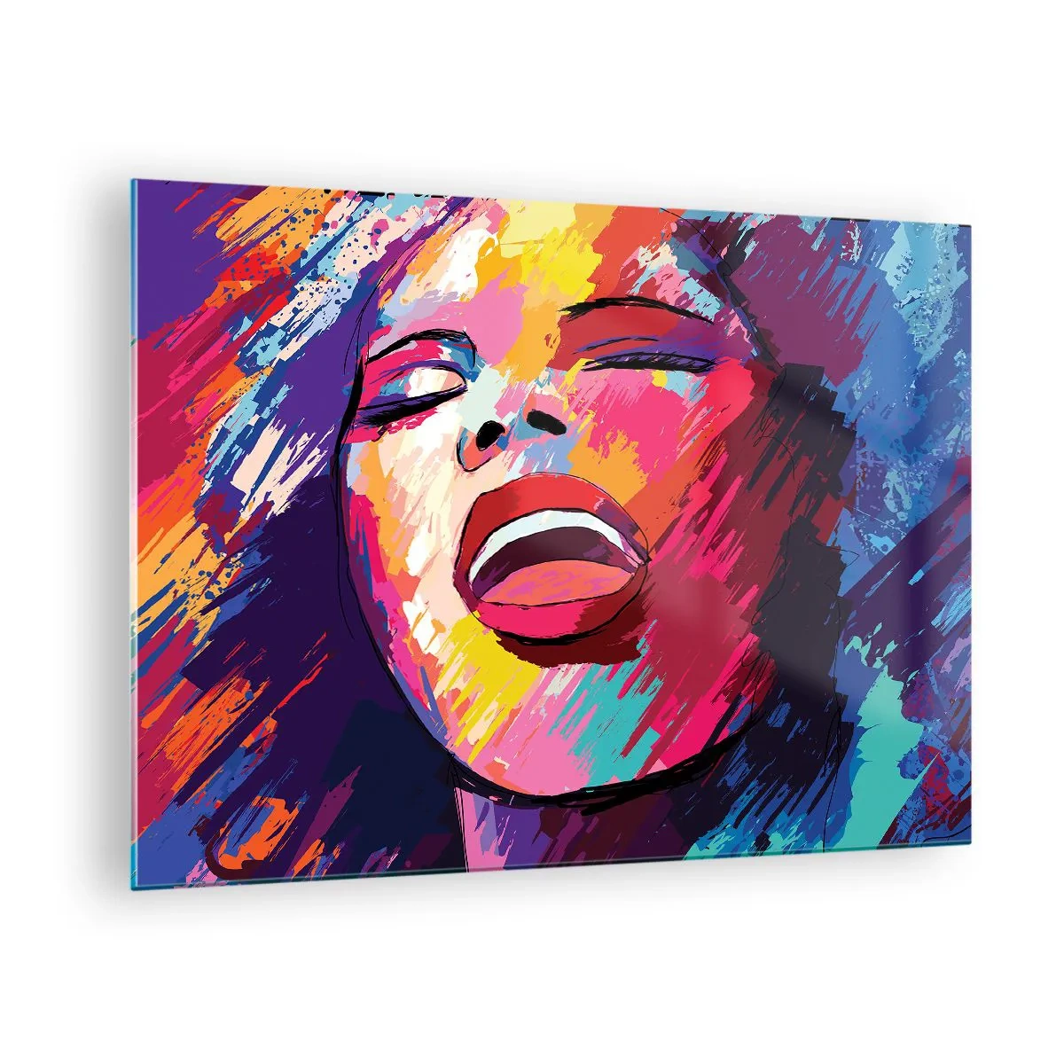 Impression sur verre - Image sur verre - Portrait abstrait d'une femme aux couleurs intenses - 70x50cm - Chante toute ma vie - Décoration murale moderne pour le salon et la chambre ARTTOR