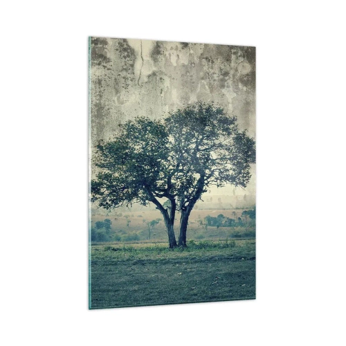 Impression sur verre - Image sur verre - Un arbre solitaire dans un paysage brumeux - 80x120cm - Un pommier sur un champ bleu ? - Décoration murale moderne pour le salon et la chambre ARTTOR