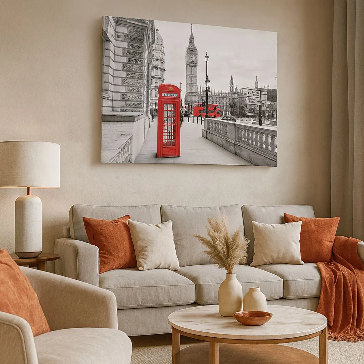 Impression sur toile - Image sur toile - Une cabine téléphonique rouge avec Big Ben en arrière-plan à Londres - 70x50cm - Sans aucun doute Londres - Décoration murale moderne pour le salon et la chambre ARTTOR