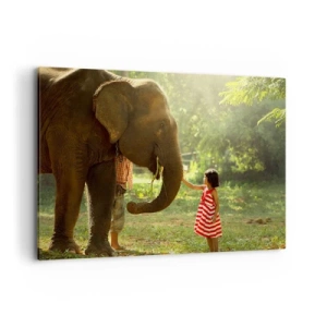 Impression sur toile - Image sur toile - Une fille en robe rouge touchant un éléphant dans la forêt. - 100x70cm - La force de l'amitié - Décoration murale moderne pour le salon et la chambre ARTTOR