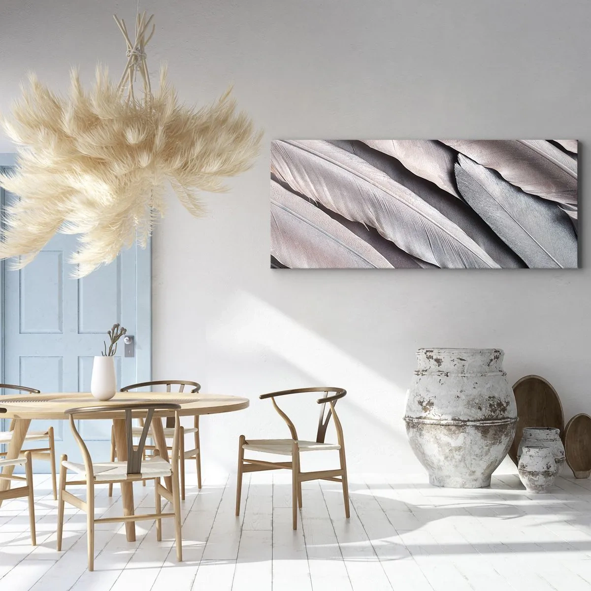Impression sur toile - Image sur toile - Plumes délicates dans des tons subtils de gris et de beige - 160x50cm - En argent rose - Décoration murale moderne pour le salon et la chambre ARTTOR