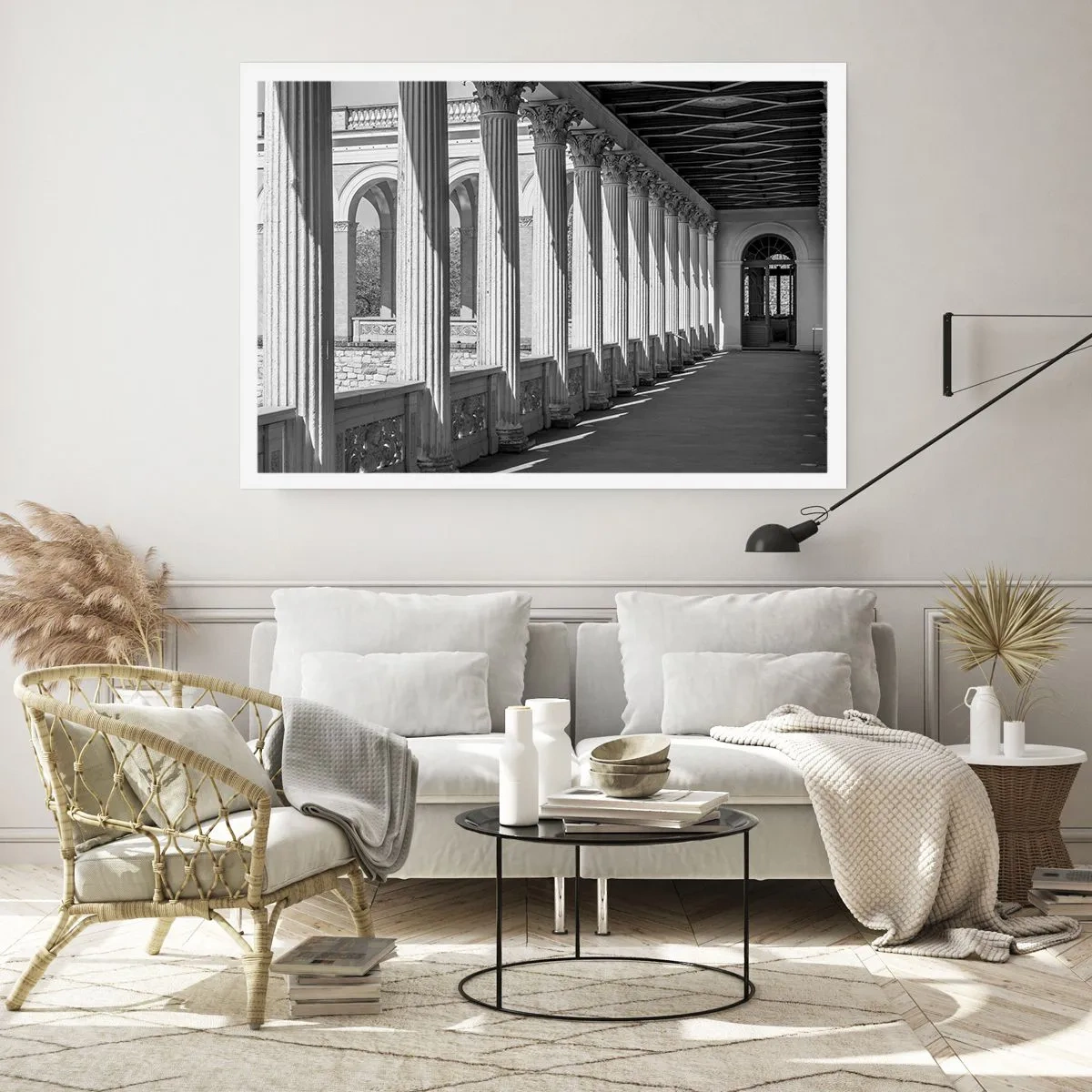 Affiche - Poster - Colonnade de style classique en noir et blanc - 100x70cm - Arcade ensoleillée - Décoration murale moderne pour le salon et la chambre ARTTOR