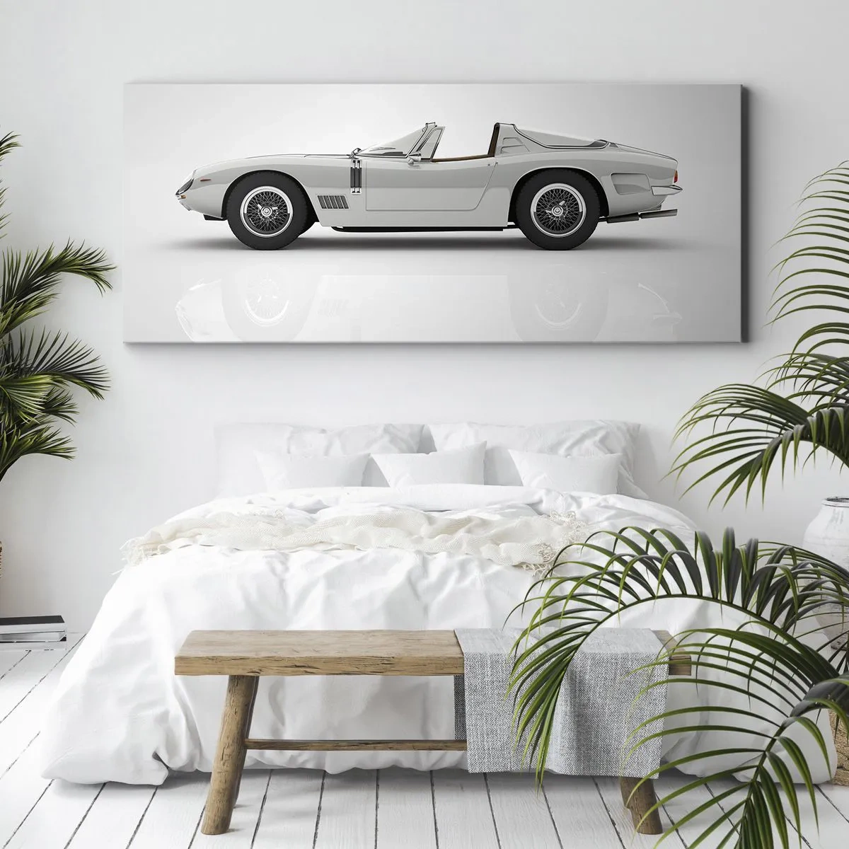 Impression sur toile - Image sur toile - Cabriolet blanc classique sur fond clair - 160x50cm - Promesse de plaisir - Décoration murale moderne pour le salon et la chambre ARTTOR