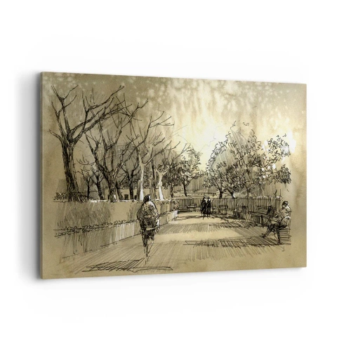 Impression sur toile - Image sur toile - Une scène de dessin animé d'un parc avec des gens marchant dans des tons chauds. - 120x80cm - Un moment arrêté avec une plume - Décoration murale moderne pour le salon et la chambre ARTTOR