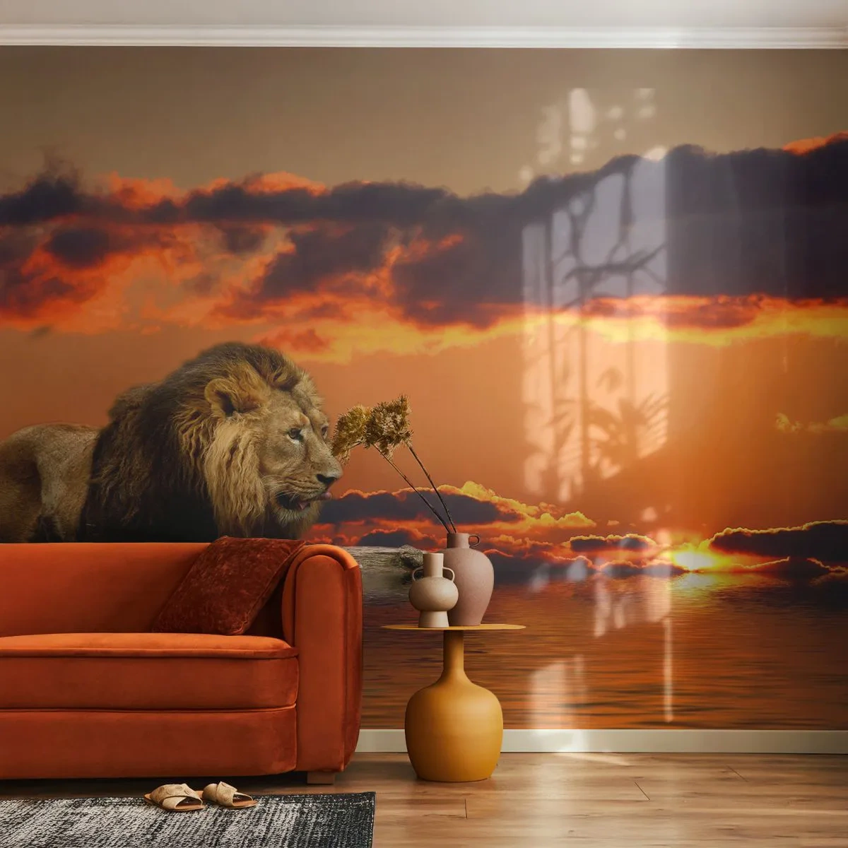 Papier Peint Autocollant Deluxe Sticker - Le roi de la nature - Lion, Coucher de soleil, Animaux - 350x256 cm