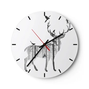 Horloge murale - Pendule murale - Silhouette d'un cerf remplie d'un motif de forêt et d'oiseaux - 30x30cm - La bonne âme de la forêt - Décoration murale moderne pour le salon, la cuisine et la chambre ARTTOR