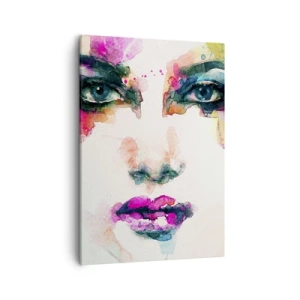 Impression sur toile - Image sur toile - Portrait abstrait d'une femme aux couleurs intenses - 50x70cm - Un portrait peint avec un arc-en-ciel - Décoration murale moderne pour le salon et la chambre ARTTOR