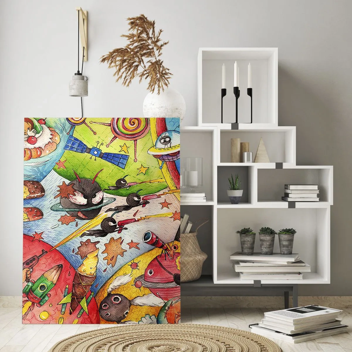 Impression sur verre - Image sur verre - Une scène spatiale colorée pleine d'enfants et de vaisseaux spatiaux - 70x100cm - Grande aventure spatiale - Décoration murale moderne pour le salon et la chambre ARTTOR