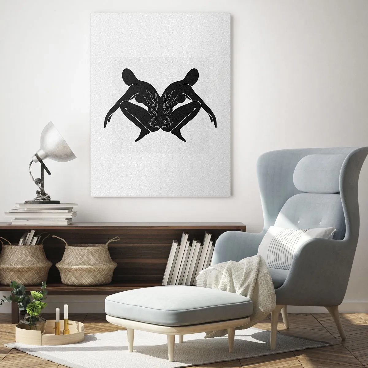 Impression sur verre - Image sur verre - Silhouettes noires en position symétrique sur fond blanc - 80x120cm - Une âme commune - Décoration murale moderne pour le salon et la chambre ARTTOR