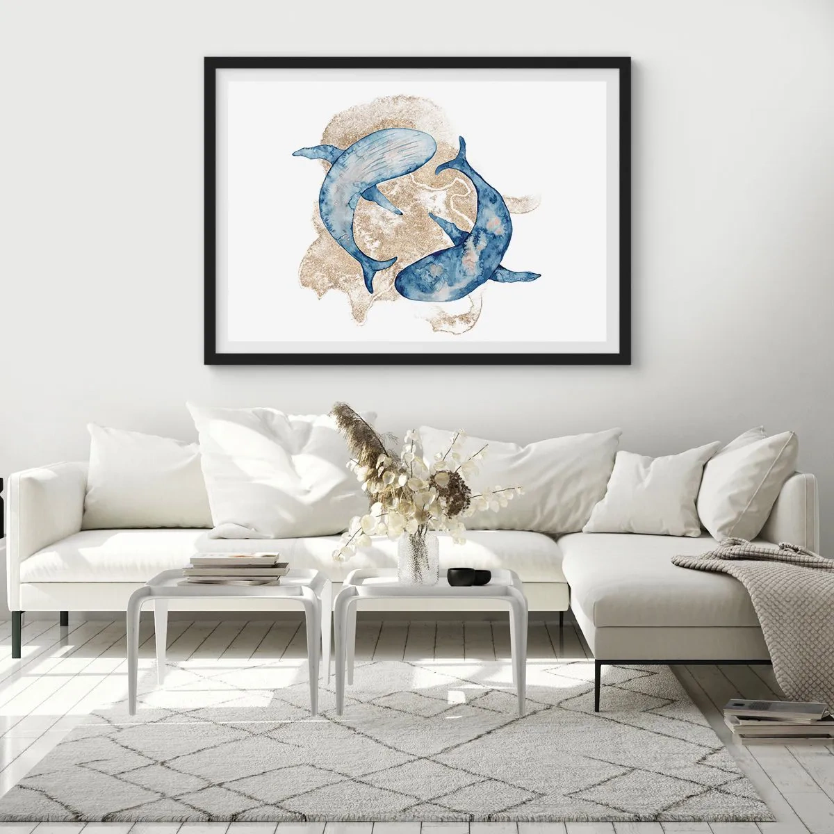 Affiche dans un cadre noir - Poster - Baleines bleues abstraites sur fond clair - 100x70cm - Amis ou amoureux? - Décoration murale moderne pour le salon et la chambre ARTTOR