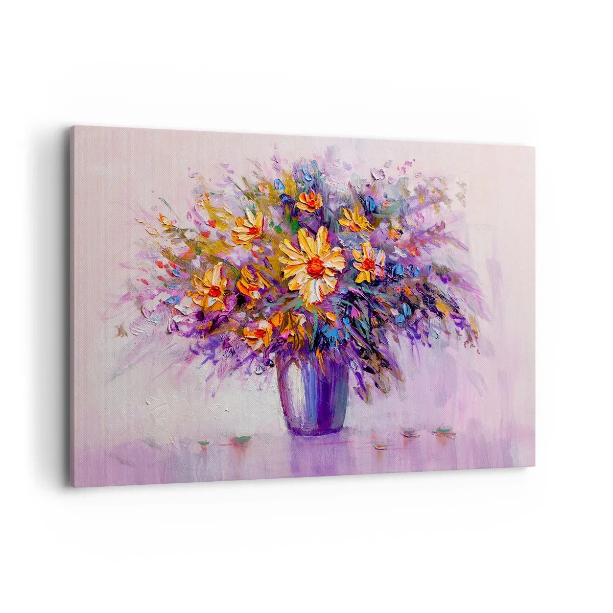 Impression sur toile - Image sur toile - Un bouquet de fleurs dans un vase sur fond pastel - 120x80cm - Ça sent bon, ça a l'air doux - Décoration murale moderne pour le salon et la chambre ARTTOR