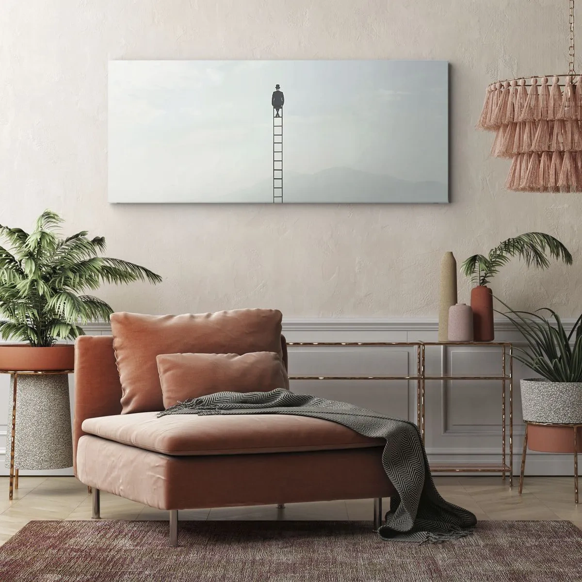 Impression sur toile - Image sur toile - Un homme sur une échelle s'élevant vers le ciel - 160x50cm - Se soulever au-dessus - Décoration murale moderne pour le salon et la chambre ARTTOR