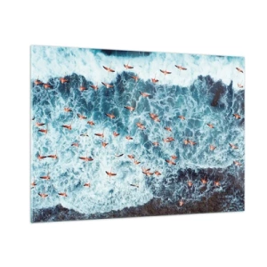 Impression sur verre - Image sur verre - Flamants roses au-dessus des vagues agitées de l'océan - 100x70cm - Défilé du bord de mer - Décoration murale moderne pour le salon et la chambre ARTTOR