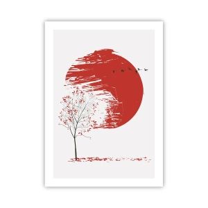 Affiche - Poster - Cercle rouge avec arbre et oiseaux dans un style minimaliste - 50x70cm - Connaissez-vous ce pays ? - Décoration murale moderne pour le salon et la chambre ARTTOR