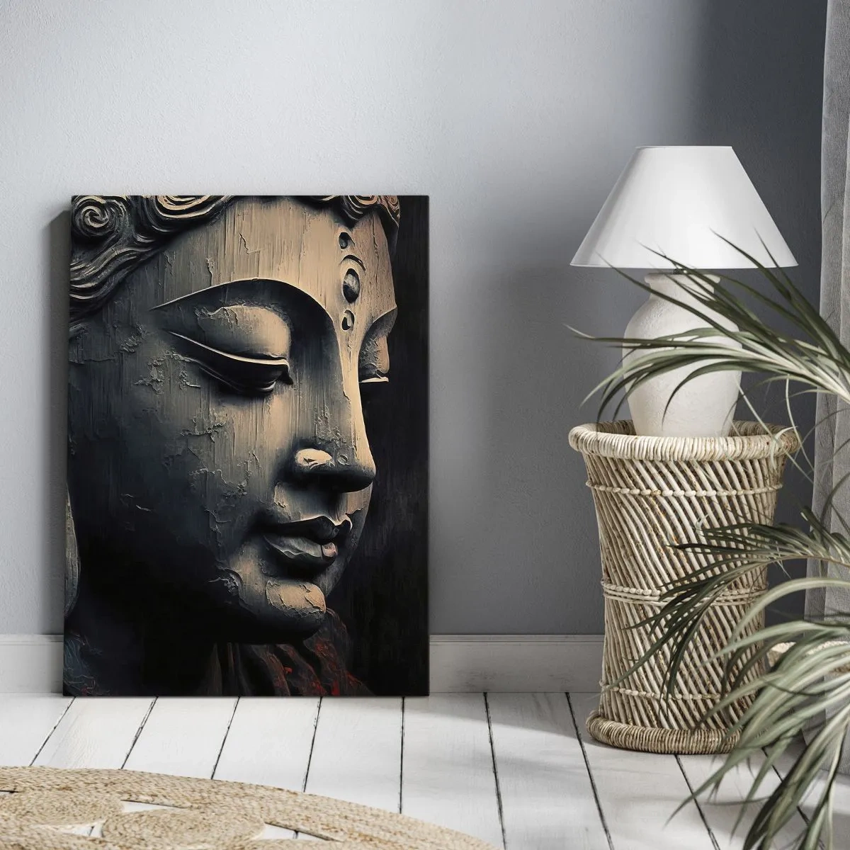 Impression sur toile - Image sur toile - Sculpture de Bouddha avec une fleur de lotus rouge - 70x100cm - En harmonie avec le monde - Décoration murale moderne pour le salon et la chambre ARTTOR