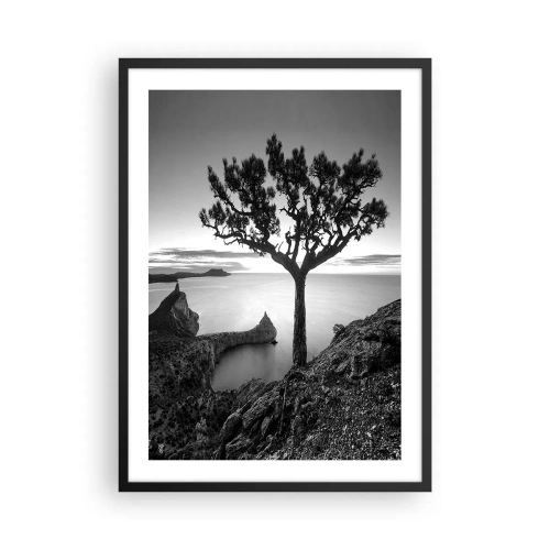 Affiche dans un cadre noir - Poster - Paysage noir et blanc avec un arbre solitaire au-dessus d'une falaise - 50x70cm - Paix jusqu'à l'horizon - Décoration murale moderne pour le salon et la chambre ARTTOR