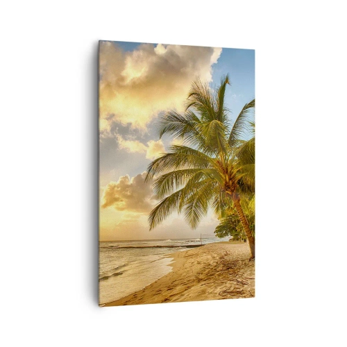 Impression sur toile - Image sur toile - Plage avec palmiers et coucher de soleil sur l'océan - 80x120cm - Été éternel, toujours des vacances - Décoration murale moderne pour le salon et la chambre ARTTOR