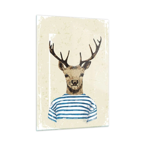 Impression sur verre - Image sur verre - Graphique d'un cerf en chemise de marin sur fond clair - 50x70cm - Parce que j'aime les chemises rayées - Décoration murale moderne pour le salon et la chambre ARTTOR