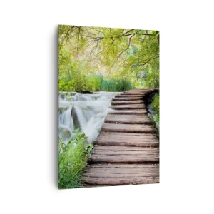 Impression sur toile - Image sur toile - Un pont en bois au-dessus d'une cascade entourée d'une forêt verdoyante. - 70x100cm - L'eau n'est pas si calme - Décoration murale moderne pour le salon et la chambre ARTTOR