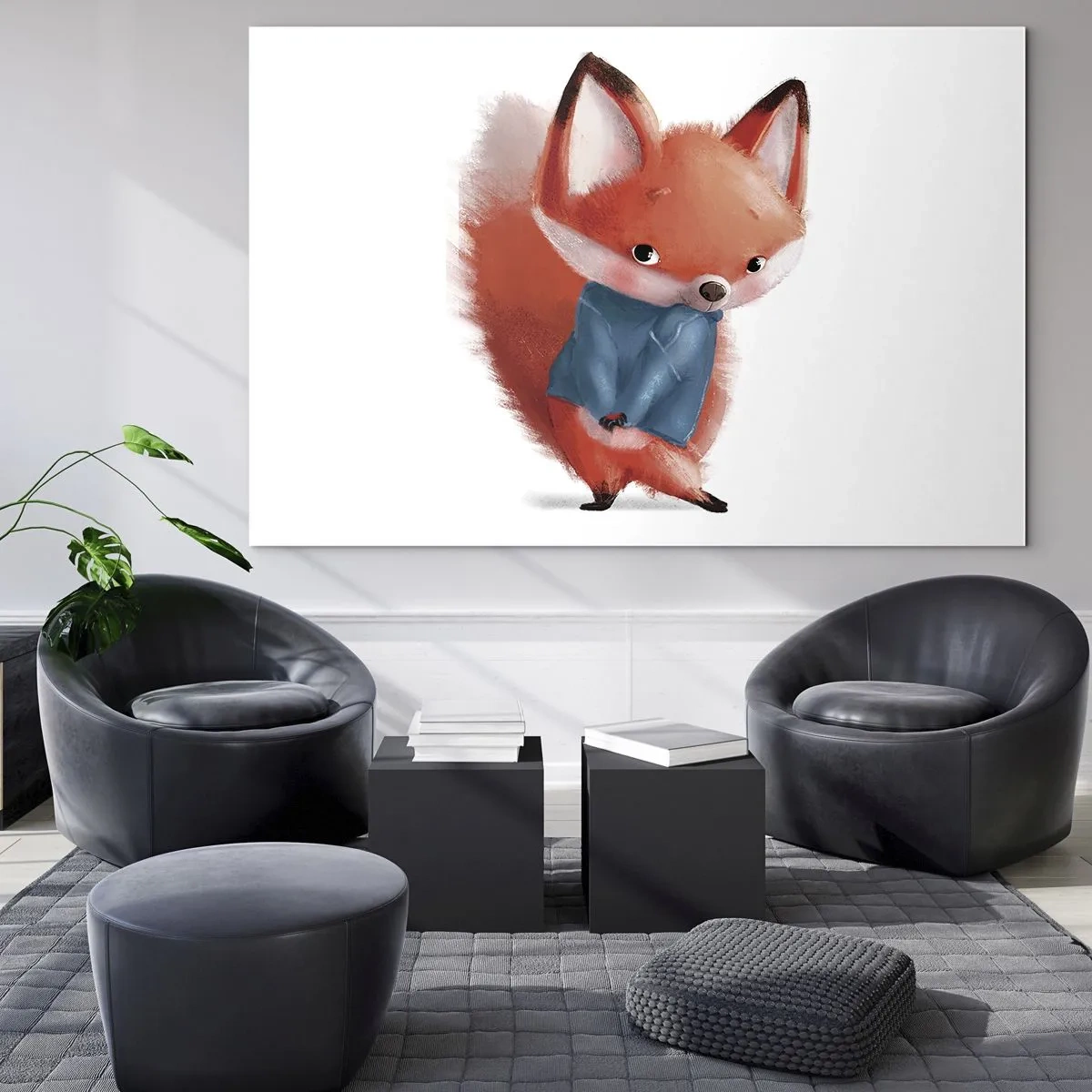 Impression sur verre - Image sur verre - Un renard mignon dans un pull bleu sur fond blanc - 70x50cm - Est-ce que ça me va? - Décoration murale moderne pour le salon et la chambre ARTTOR
