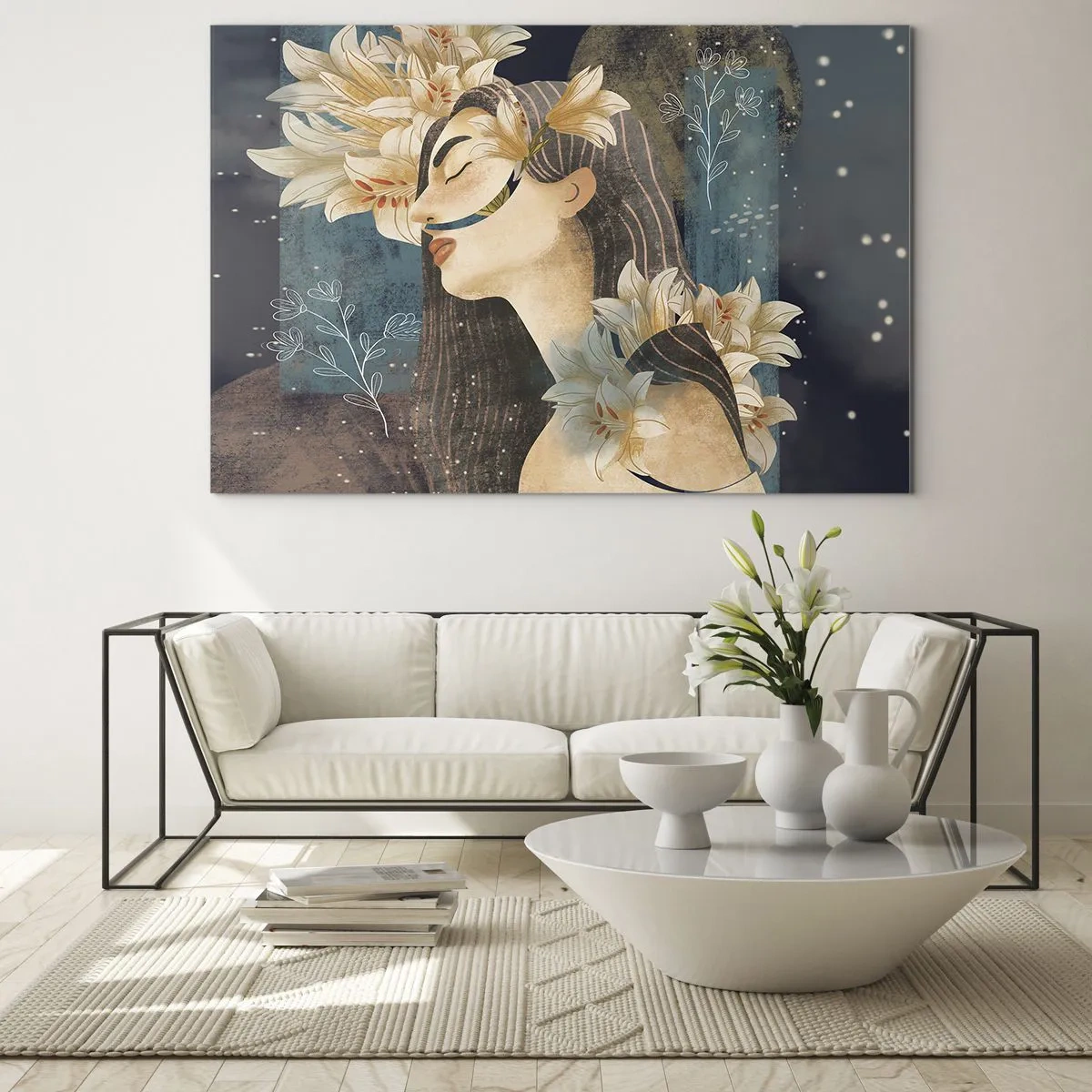 Impression sur verre - Image sur verre - Une figure féminine avec des lys dans un style de conte de fées - 70x50cm - Conte de fée sur la princesse lilas - Décoration murale moderne pour le salon et la chambre ARTTOR