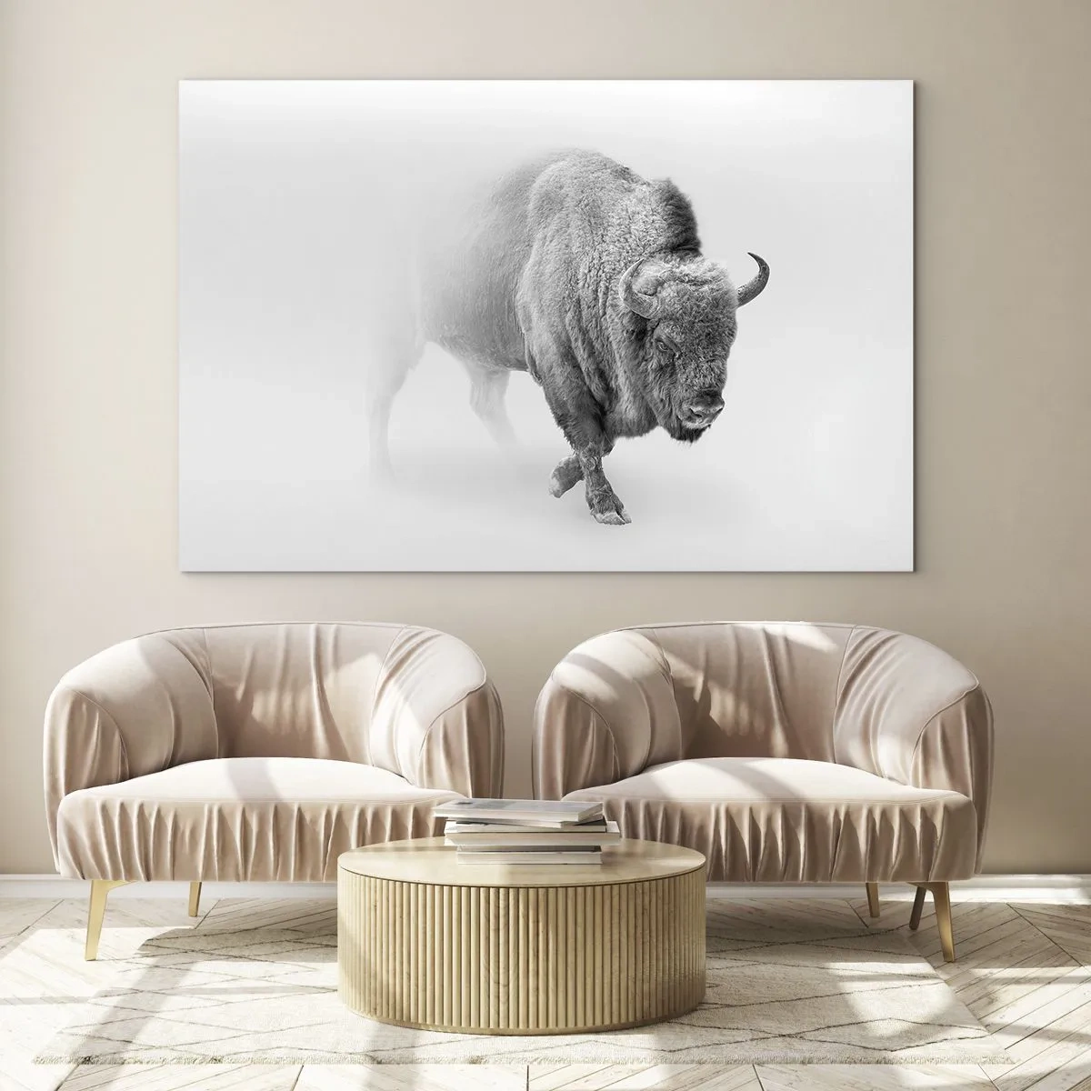 Impression sur verre - Image sur verre - Illustration en noir et blanc d'un bison majestueux - 120x80cm - Roi de la prairie - Décoration murale moderne pour le salon et la chambre ARTTOR